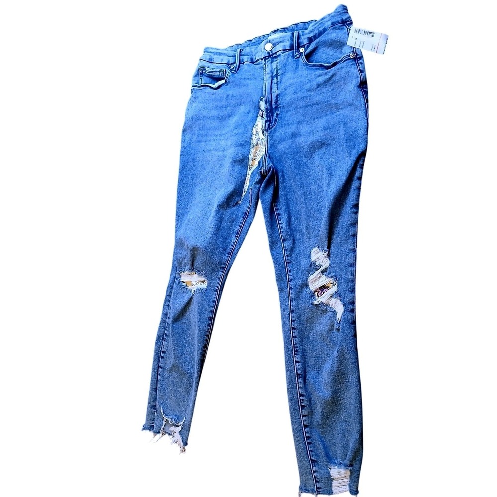 Good American Womens Distressed Floral Patch Skinny Jeans Blue Size 12/31 NEW